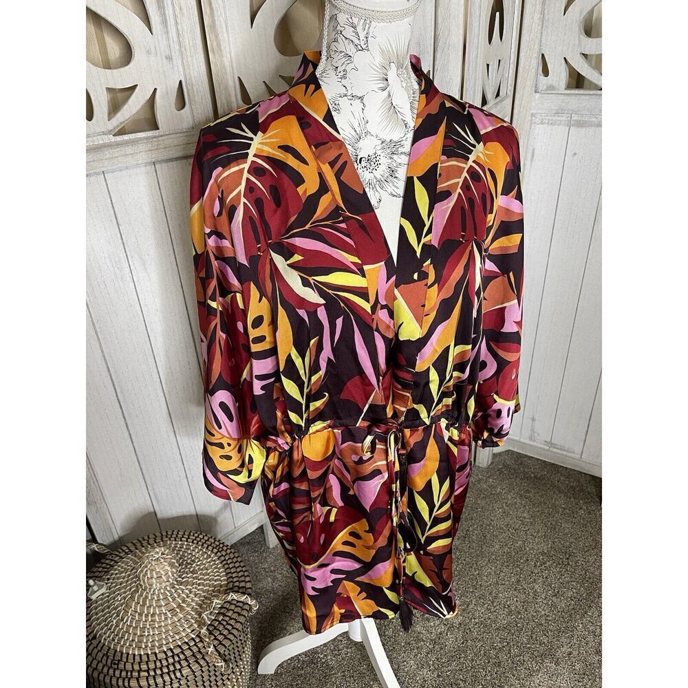 New! DR2 Kimono Top Size S/M Pink Red Leaf Boho Floral Sheer Womens Open
